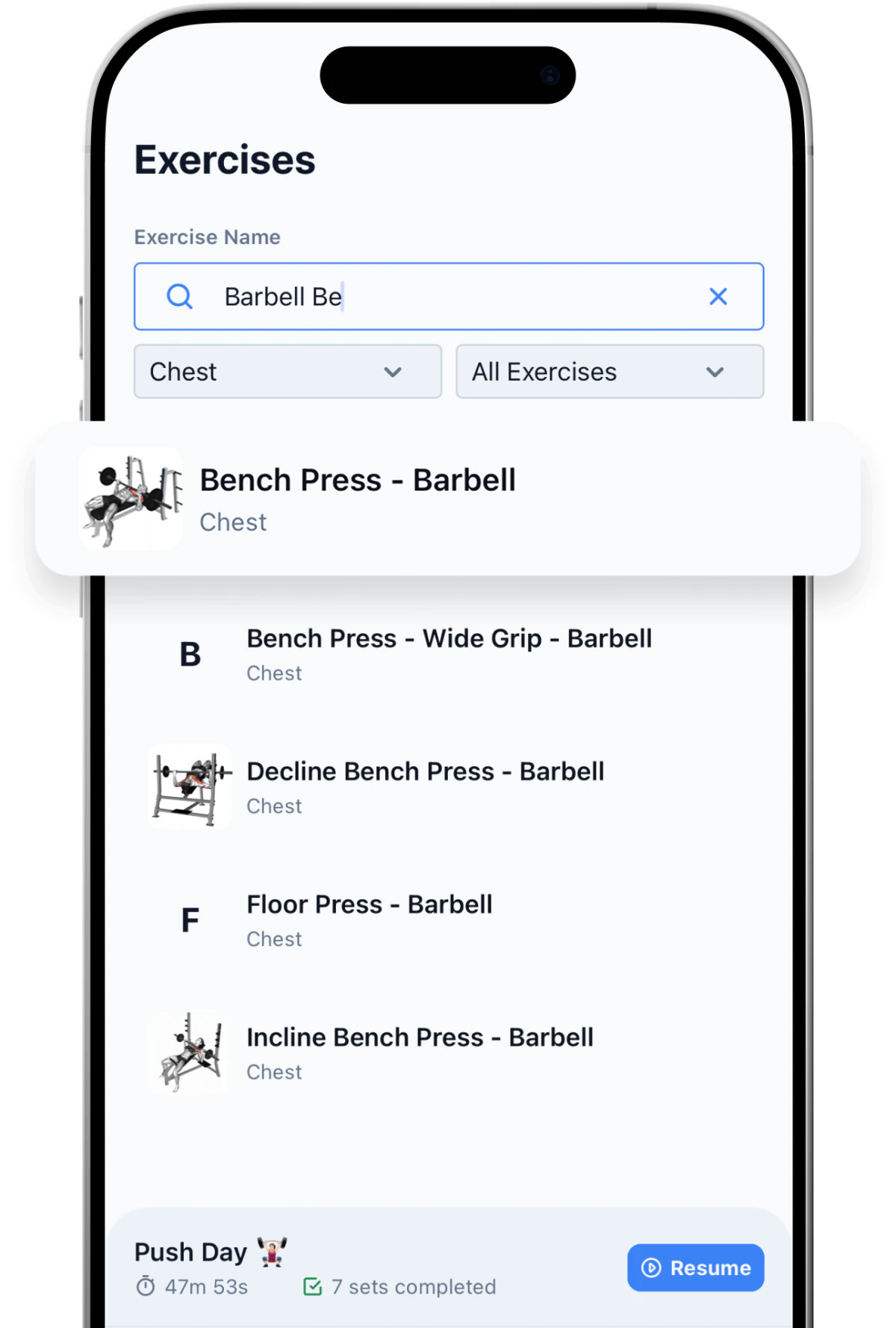 PRZone exercise library with strength and cardio movements