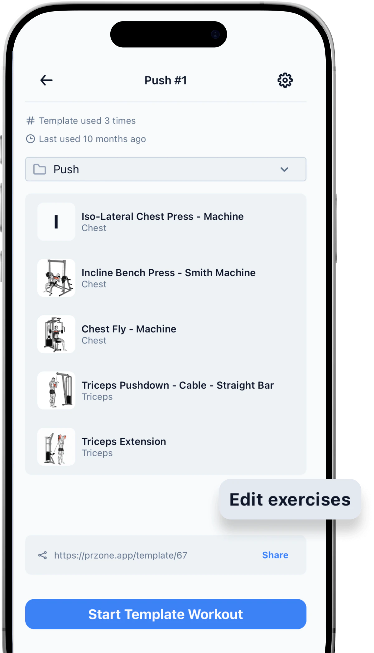 PRZone custom routine builder with a saved push workout