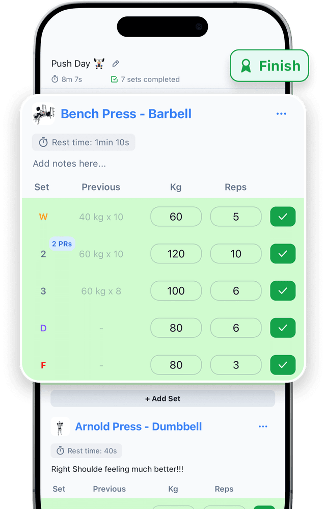 PRZone workout tracker app showing live PR alerts and exercise logging interface